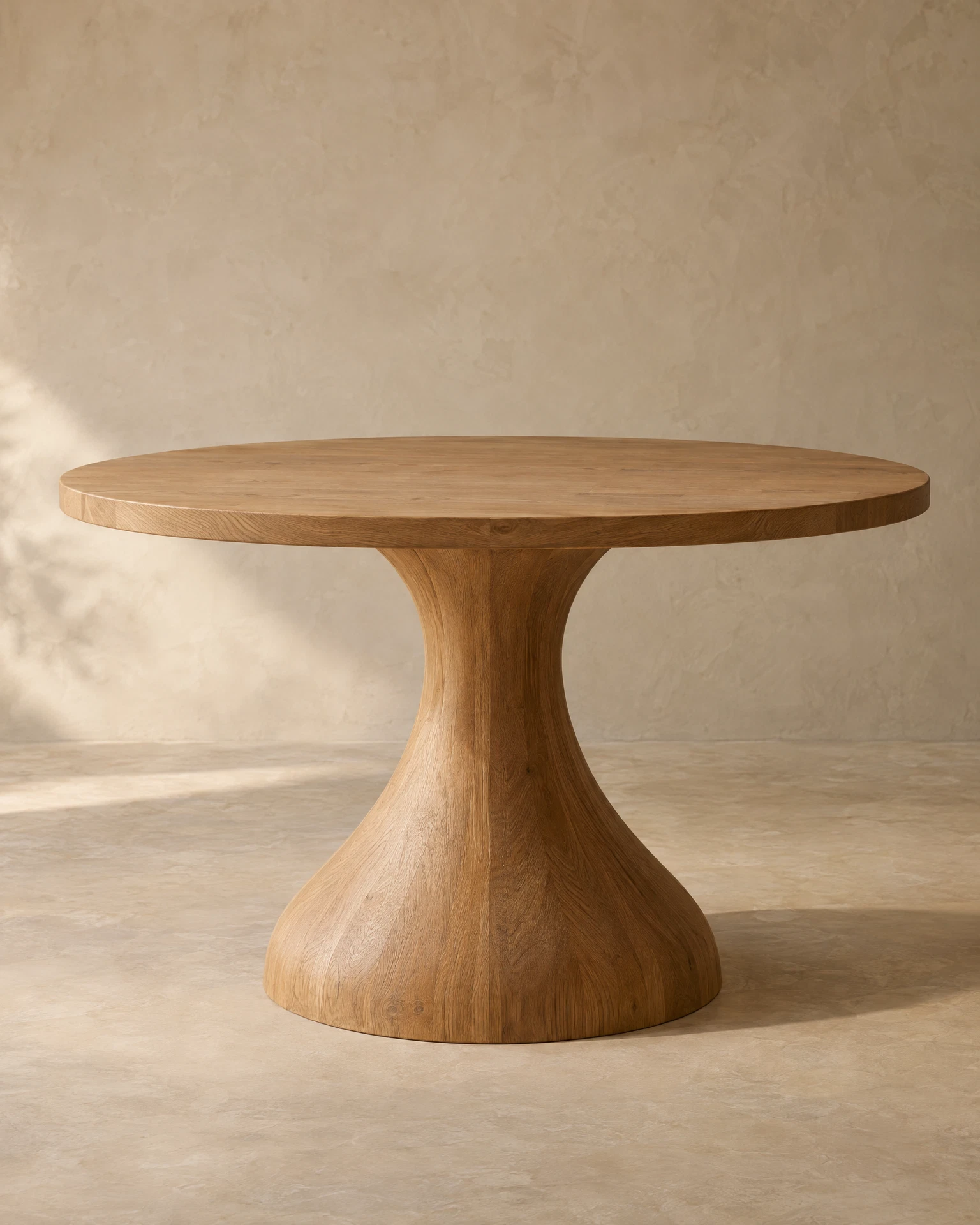 Honey oak round dining table in an editorial studio setting